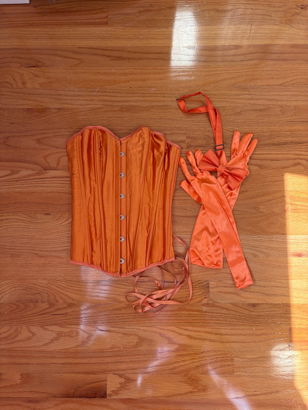 Amazon Orange Satin Corset Top with Matching Gloves & Sash